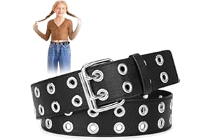 BUKYCAT Cinturón de Cuero para Niñas, Cinturón de Doble Ojal, Cinturón Punk de Cuero PU Gótico, Cinturón de Moda Para Mujer con Doble Ojal con Agujeros/Cadena Larga para Mujeres, Adolescentes, Niñas