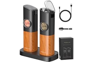 FORLIM Elektrische Salz und Pfeffermühle Set,Pfeffermühle mit Wiederaufladbarer Basis,Automatischer Salzmühle mit LED-Licht,mit Einstellbare Grobheit,aus Edelstahl,für Küche und BBQ,2er Pack,Woodgrain