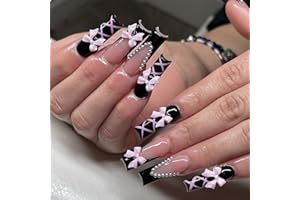 GlamRays Press on Nägel Coffin Lang Schwarz Glossy Full Cover Acryl Quadratische French Falsche Nägel mit Rosa Schleife Design Künstliche Ballett Falsche Nägel