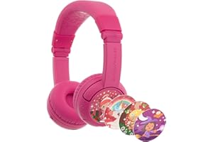 BuddyPhones Play Plus, Foldable Bluetooth Kids Headphones with Microphone, SafeAudio Volume-Limiting 75/85/94dB, Works Wired or Wireless, StudyMode, Answer/Playback Button by Onanoff (Rose Pink)