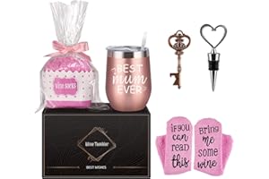 Livole Mothers Day Birthday Gifts for Mum, Wine Tumbler Cupcake Wine Socks Gift Set, 12 Oz Stainless Steel Wine Glass with Lid Straw, Socks, Bottle Opener, Wine Stopper Best Mum Ever, 12oz Rose Gold