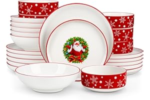 MALACASA 24-Piece Christmas Dinner Sets for 6 People, Santa Claus Ceramic Plates and Bowls Set with Dinner Plates/Dessert Plates/Soup Bowls/Cereal Bowls, Holiday Tableware for Family Gatherings