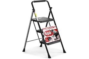 HBTower Escabeau 3 Marches Pliable, Échelle avec Pédales Antidérapantes et Poignée Confortable, Escabeau en Acier Portable, Noir
