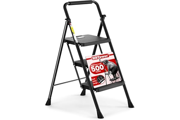 HBTower Escabeau 3 Marches Pliable, Échelle avec Pédales Antidérapantes et Poignée Confortable, Escabeau en Acier Portable, Noir