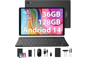 RUSHAR Tablet 10 Pollici Android 14 con 4G LTE e WiFi 5G,36GB RAM + 128GB ROM (1TB TF),Octa-Core 2.0 GHz,8000mAh,Bluetooth 5.0,GPS,8MP + 13MP,Tablet con Tastiera + Mouse + Manica,Nero