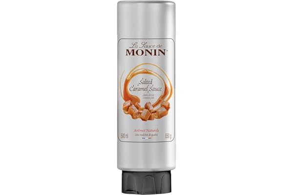 MONIN Salsa de caramelo salado prémium de 500 ml para frappes, postres, cócteles, chocolates calientes y guarniciones. Vegetariano, sin nueces, sin gluten. Sabor 100% natural. Botella exprimible para