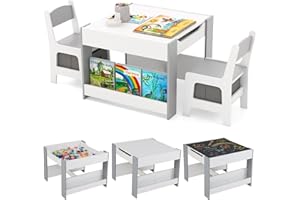 ‎LIFEZEAL LIFEZEAL Kindertisch mit 2 Stühlen, 3 in 1 Maltisch & Aktivitätstisch & Tafeltisch mit Kinderstuhl, Multifunktionale Kindersitzgruppe Sitzgruppe Holz mit Stauraum (Grau)