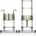 TECKNET Telescopic Ladder 2.6M/8.5FT, Max Load 150kg/330lbs, Aluminium Extension Ladder with Stabilizer Bar & Detachable Hooks, Multi-Purpose Ladder for Home & Outdoor Work Loft Roof Attic RV, EN131