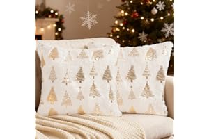 Miaikoe Christmas Cushion Covers 45x45 cm, Decorative Glitter Printed Tree Pillow Covers Cushion Case Set of 2 Winter Holiday Xmas Decor Sofa Couch White