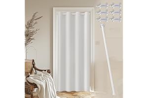 JCyh Cortinas para Puertas Exteriores con Barra Extensible y Botón Magnético, Cortina Opacas Termica Aislante Frio y Calor con Ojales，Cortina Separador de Ambientes para Salón y Dormitorio,Blanco