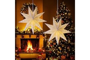 GOBESTY 2 Pcs 45cm Light Up Paper Stars, Christmas Stars White 9-Pointed Foldable Paper Lampshade Light Up Christmas Hanging Stars Window Lights for Xmas Wedding Party Home Hanging Festival Store Decorations