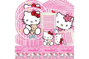 QWEPU H-ello CAT stoviglie per Feste, 61PCS Kit Set Stoviglie di Compleanno, Kit Birthday Party Set a Tema Piatti, Tazze, tovaglioli, Posate e Accessori per Feste di Compleanno Compleanno