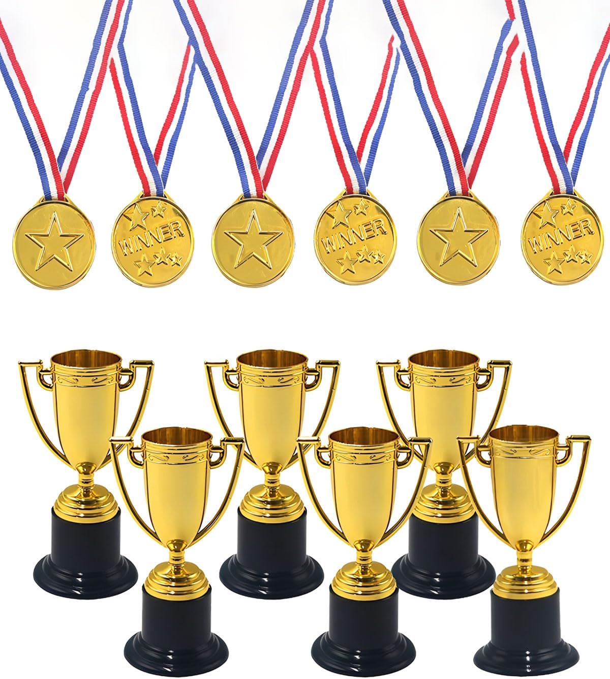GRETY 6 trofeos infantiles, 6 medallas, mini trofeos para cumpleaños infantiles, competiciones deportivas y eventos escolares, medallas infantiles, trofeos de oro