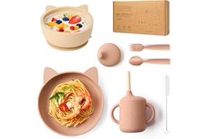 COOLABLE Set de Repas Bébé en Silicone sans BPA, Vaisselle 6 Pièces - Bol et Assiette avec Ventouse, Tasse, Fourchette et Cuillère - Compatible Lave-vaisselle et Micro-ondes - Pastel