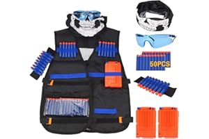 Wuudi Kamizelka taktyczna, zestaw (50 niebieskich rzutek piankowych + okulary ochronne + bezszwowa maska na twarz + 2 zaczepy na 7 rzutek) dla dzieci N-Strike Elite zabawki, niebieski