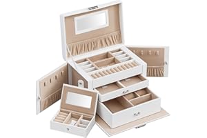 SONGMICS Caja Joyero de 3 Niveles, Navidad, Caja para Joyas con 2 Cajones, con Mini Caja Portátil para Viajar, con Asa, Cerradura, para Joyas, Idea de Regalo, PU Blanco Nube, Forro Beige Arena JBC121W