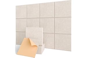 KUCHOOW Acoustic Wall Panels Self-Adhesive, 12 Pcs Sound Absorbing Panels for Studio, Bedroom, Living Room, Office, Gaming, Ceiling, Door Acoustic Treatment, Beige, 12" X 12" X 0.4"