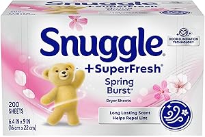 SNUGGLE Plus SuperFresh Fabric Softener Dryer Sheets with Static Control and Odor Eliminating Technology, Burst, White, 200 Count, Spring…