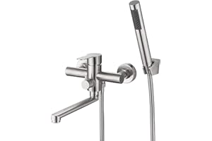 HomeLava Robinet de Baignoire Mitigeur de bain en Acier Inoxydable Mural Robinet de Douche avec Douchette à Main Support mural et Tuyau de douche, Mitigeur Bain Rond Fixé au Mur pour Salle de Bains