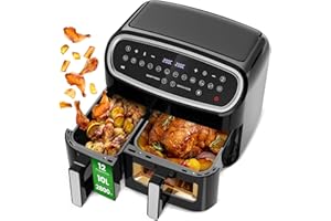 GIDGIMO Friggitrice ad Aria Doppio Cestello, 10L XXL Capacità, Funzione 12 in 1, 50-200°C, 2800W Dual Basket Air Fryer con Finestra, Touchscreen, Cottura sana, veloce e versatile - Cooki G10 Pro