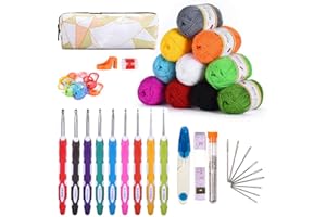 KOHMUI Häkelhaken und Häkelgarn Set, Bunte Ergonomische Soft Gummi HäKelnadeln mit tragbaren Tasche, 10 Farben Acryl Wolle für Häkeln und Kunsthandwerk