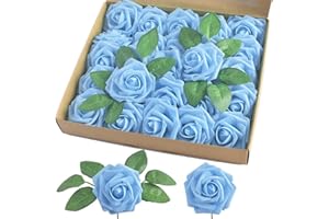 homEdge Künstliche Rose, 25 Stück Kunstschaumblumen mit Stiel für Heimdekoration, Hochzeitssträuße, Party, Certerpieces, Jubiläen-Aquablau