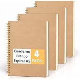 JSQJ Spiral Notebook A5 Pack of 4 - Blank Notepad 160 Pages | Gold Spiral / Paper 80gsm Cream Oculoprotectors / DIY Soft Cove