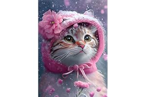 QENSPE 5D Diamond Painting Kits for Adults, Cat Diamond Art Kits Full Drill Flowers Diamond Painting Pink Hat Cat Kit for Kids Beginners, DIY Crystal Picture Art for Home Wall Decor 30x40cm
