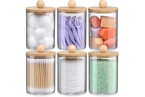 LATERN 6Pcs Cotton Pad Holders with Bamboo Lid, 10oz Acrylic Qtip Holder Bathroom Canisters Jar Dispenser Cotton Swab Ball Pad Holder for Vanity, Small Qtip Container with 12Pcs White Labels