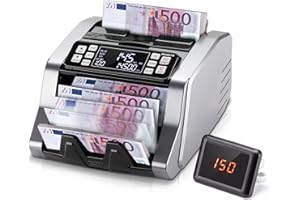 MUNBYN IMC20 Contador de Billetes, Detección de Billetes Falsos UV/MG/IR/MT para Euros/Dólares, Modos de Añadir/Lote/Valor, Pantalla LED Externa, Protección de 2 Años, No Cuenta montos Mixtos