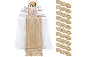 LYAFS 10 Pcs Beige Cheesecloth Table Runner 10FT, Gauze Table Runner for Wedding Reception Sheer Bridal Shower Birthday Party Boho Table Decoration, Rustic Romantic Wedding Runner