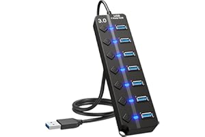 GLOBAL TECH 7-Port USB Hub 3.0 – Multi USB Port Hub with Individual Switches and Lights – USB Multiport Adapter Splitter – High-Speed USB Hub Extender for PC, Laptop, Macbook, Flash Drives, Mobile HDD