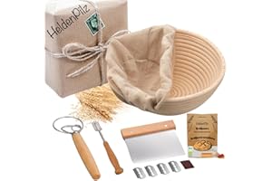 HELDENPILZ Juego para hacer pan crujiente, incluye cesta de fermentación, tarjeta de masa, agitador de masa, cuchillo de panadería + receta e instrucciones para pan de masa madre (juego de pan)
