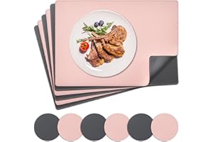 NOSTHEART Tischsets Abwaschbar 6er Set, Platzsets Abwischbar Tischsets Leder Hitzebeständig rutschfest Platzdeckchen mit Untersetzer Rund, Doppelseitigen Mit Randnähten, Rosa Grau