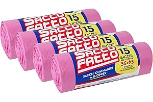 EFFENNE GROUP 60 Sacchi Spazzatura Rosa, Sacchetti Plastica con Manici a Shopper, 55x65cm, Sacchetti Trasparenti Super Resistenti, Sacchetti Spazzatura, Raccolta Differenziata, Raccolta Differenziata Esterno