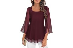 Syphiby Womens Blouses Ruffle 3/4 Sleeve Tunic Tops Loose Flowy Square Neck Chiffon Top Double Layers Mesh Shirts M-3XL