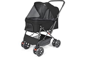 CAMPSOR Hundewagen mit 4 Rädern, Faltbare, mit Aufbewahrungskorb und Getränkehalter, 360 ° Vorderrad, Hinterrad mit Bremse, Haustier Kinderwagen für kleine mittlere Hunde & Katzen