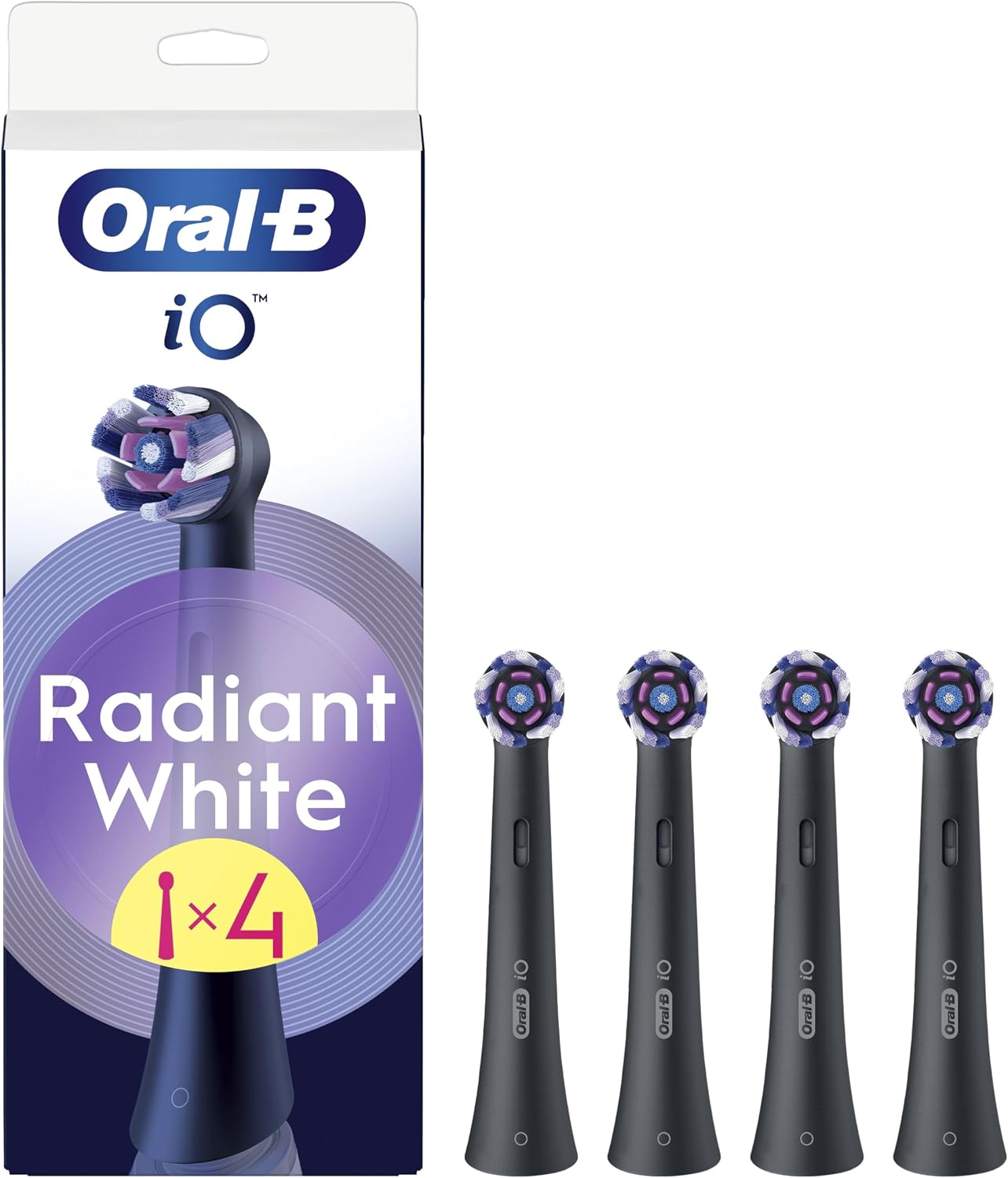 Oral-B Series iO Radiant White Lot de 4 têtes de rechange originales noires pour brosses à dents électriques Oral-B iO, blanchiment des dents, élimination des taches