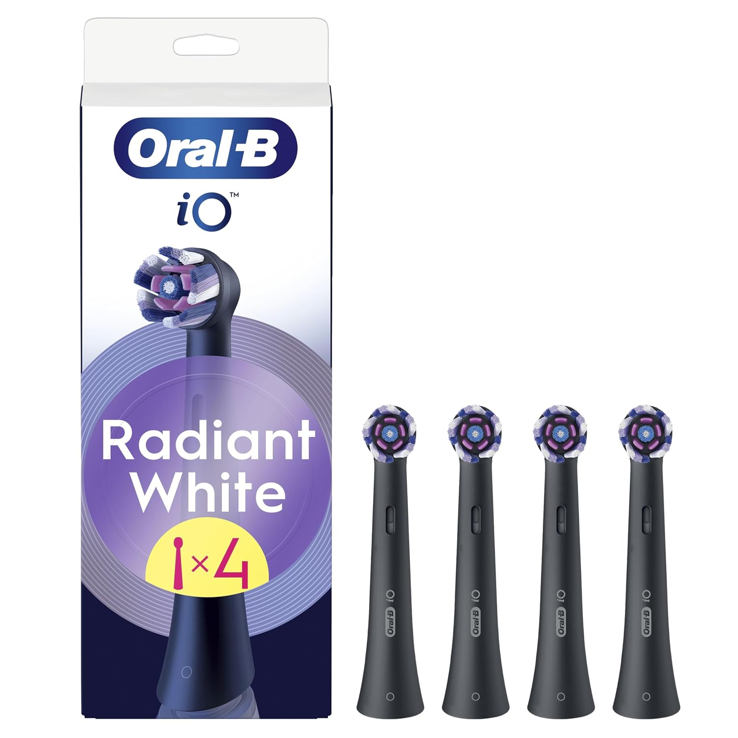 Oral-B Series iO Radiant White Set van 4 originele zwarte reservekoppen voor Oral-B iOS elektrische tandenborstels, tandenbleken, vlekverwijdering