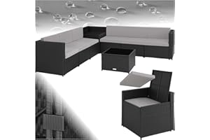 TecTake® Salon de Jardin Exterieur en Rotin 6 Places en Resine Tressee Modulable 6 Fauteuil Jardin Coffre de Rangement et Table en Verre Inclus pour Amenagement Balcon Terrasse – Noir