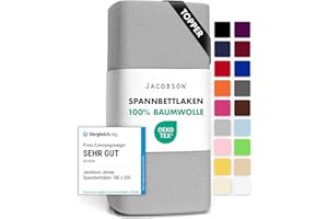 Jacobson Jersey Spannbettlaken Spannbetttuch Baumwolle Bettlaken (Topper 180-200x200 cm, Grau)