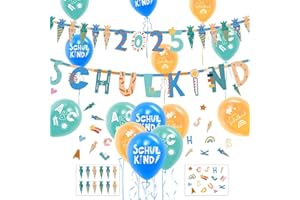 Einschulung Deko Set für Junge, Schulkind Girlande + 2025 Zuckertüten Banner + Schuleinführung Schulanfang Luftballon + Schultüte Konfetti