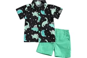 ESSECMBS Kleinkind Baby Jungen Sommer Niedliche Dinosaurier Bekleidungsset 2PCS Kurzarm Revers Kragen Button-Down-Hemden Bluse Einfarbige Kurze Hose Jungen Gentleman Kleidung