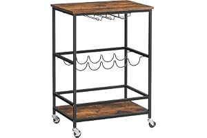 VASAGLE Vagn på hjul, barvagn, serveringsvagn för drycker med glasstativ och vinflaskeståndare, 60 x 40 x 75 cm, industriell, rustik brun och svart LRC087B01