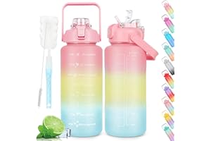AOHAN 2-litrowa butelka ze znacznikami czasu, motywująca butelka na wodę, dwie możliwości picia, szeroki otwór, wielokrotnego użytku, bez BPA, do uprawiania sportu, różowo-żółto-niebieska