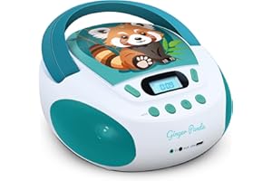 MOOOV 477414 - Lettore CD per bambini Panda Roux MP3 e porta USB, presa per cuffie, supporto portatile con maniglia di trasporto, alimentazione elettrica o batterie, verde e bianco