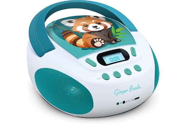 MOOOV 477414 Lecteur CD Enfant Panda Roux MP3 et Port USB - AUX-in - Prise Casque - Poste Portable avec Poignée de Transport - Alimentation Secteur ou Piles - Vert et Blanc