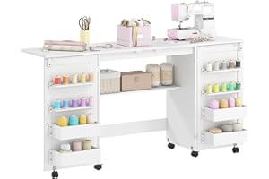 HOMCOM Table de Couture Pliante, Meuble Couture à roulettes avec 2 Portes magnétiques, 4 bacs, 20 Crochets et étagère de Rangement, Meuble Machine à Coudre pour Salon, Bureau, Studio, Blanc
