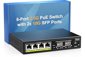 VIMIN 6-Port 2.5G PoE Switch Unmanaged, 4x 2.5GBase-T PoE Ports, 2x 10Gbps SFP, 4 Port PoE Switch w/ 60Gbps Ethernet Switching Capacity, Support IEEE802.3af/at, 65W, VLAN, Metal Housing, Fanless