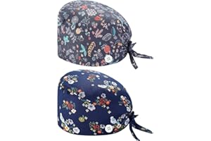 Tadipri 2 Stück OP Haube Verstellbar mit Knopf Arbeitskappe Baumwolldruck Kranken schwesternkappe Unisex Staubhauben Kappe